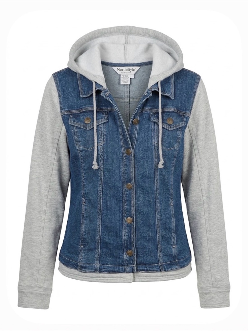 NORTHSTYLE Layered-look Hooded Fleece/ Denim Jacket Women’s M Blue Grey